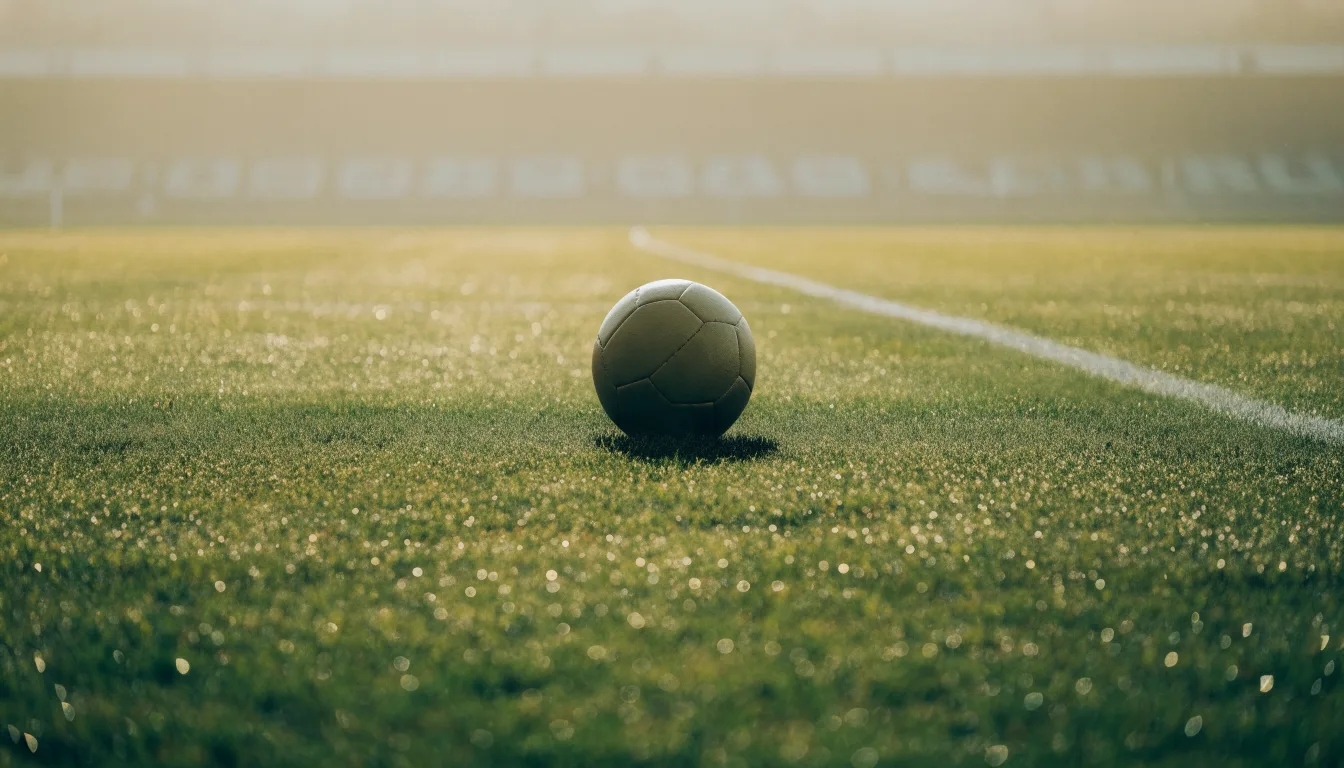 Ein einzelner Fussball liegt auf dem Anstosspunkt eines leeren Rasenplatzes am frühen Morgen, Tau glitzert auf dem Gras, die Tribüne liegt im Dunst.
