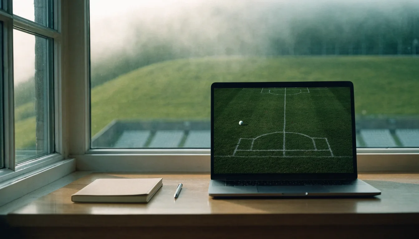 Ein leeres Stadion im Morgenlicht mit Blick auf die Sitzreihen, im Hintergrund Hügel und aufsteigender Nebel.