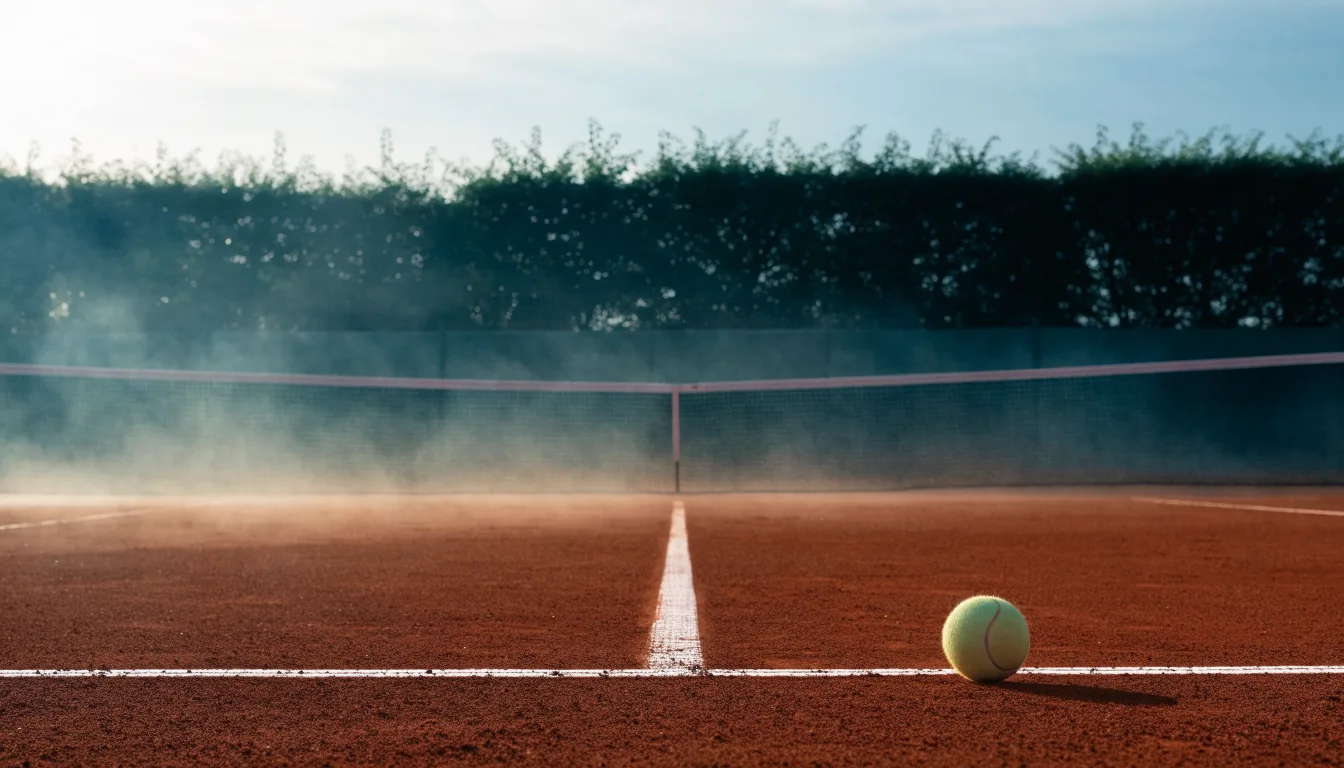 Ein Tennisplatz bei Sonnenaufgang, die Linien frisch gezogen, das Netz in der Mitte und Nebel über dem Boden.