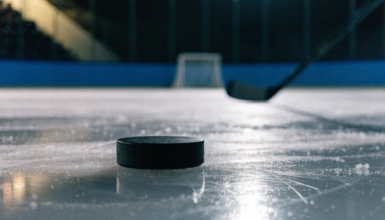 Ein Eishockeypuck liegt auf dem Eis, im Hintergrund unscharf die Bande unter hellem Hallenlicht.