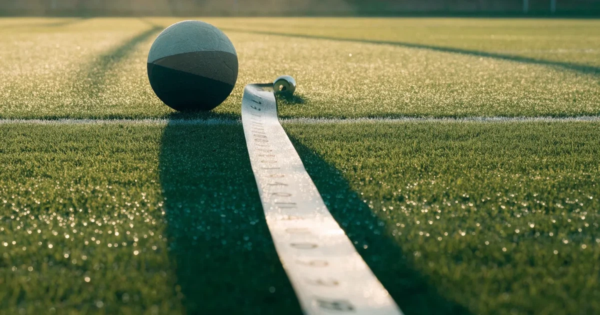 Ein Fussball und ein Massband liegen auf kurz geschnittenem Rasen neben einer Kreidelinie, Morgenlicht von der Seite.