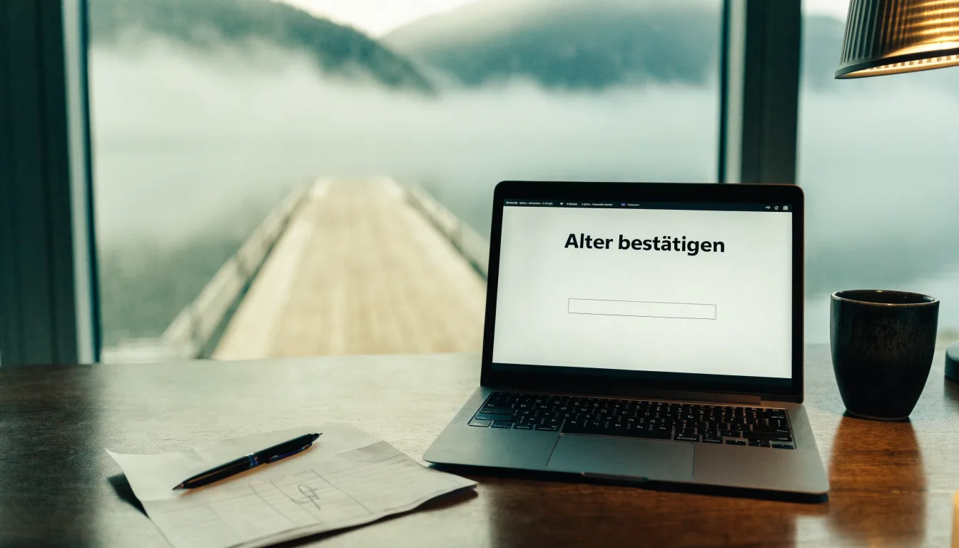Ein Seeufer mit einem hölzernen Steg, Nebel liegt über dem Wasser, am anderen Ufer erheben sich Berge.
