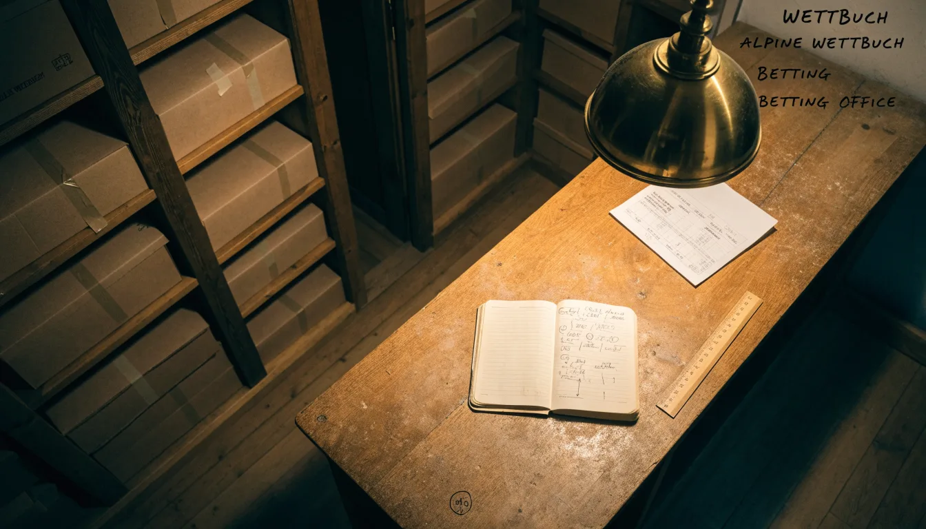 Ein alter Holztresen mit einem Notizbuch und einem Taschenrechner in warmem Lampenlicht, Regale im Hintergrund.