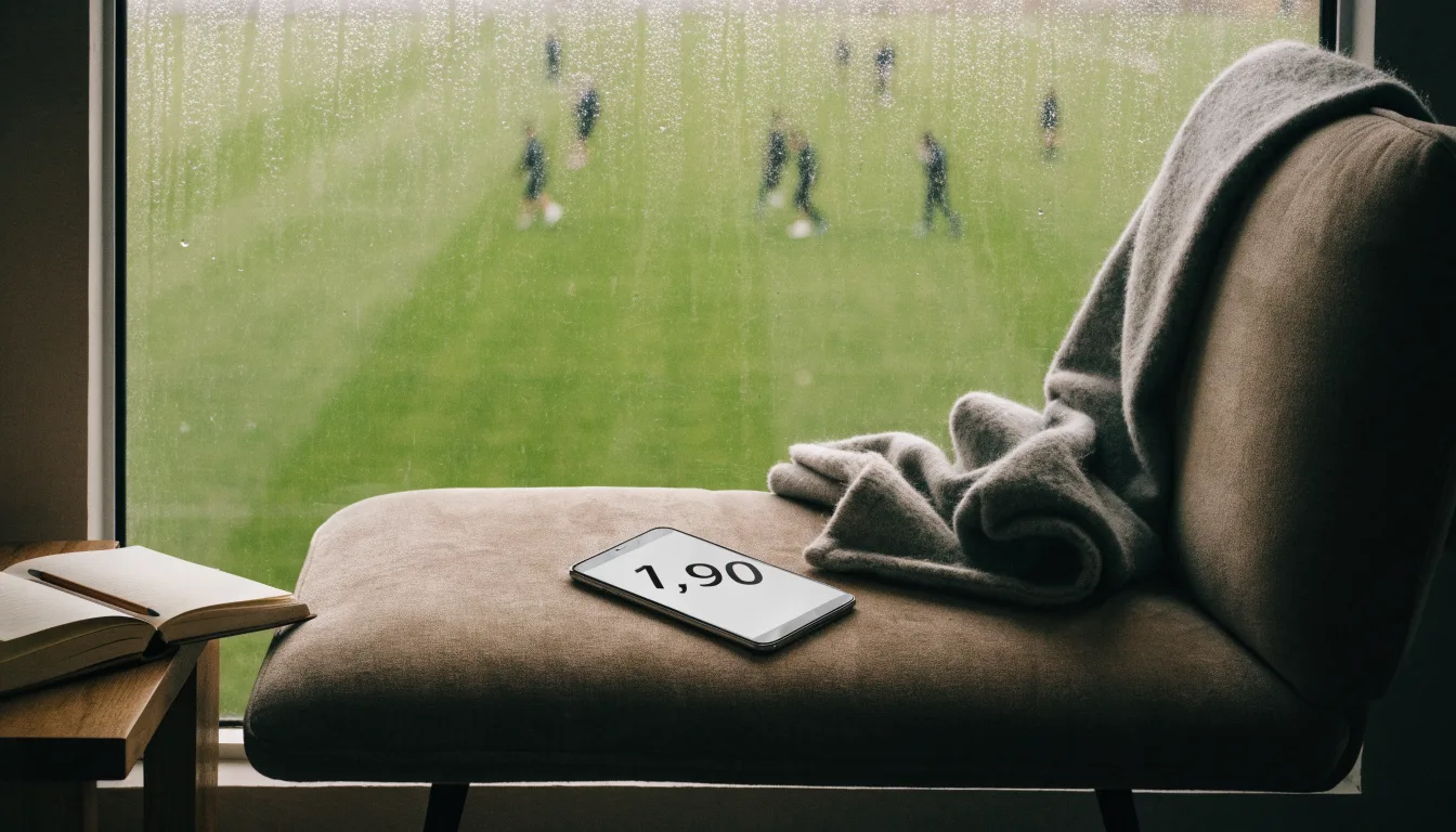 Ein Sofa mit Wolldecke steht vor einem grossen Fenster, draussen Regen und in der Ferne ein Fussballplatz.