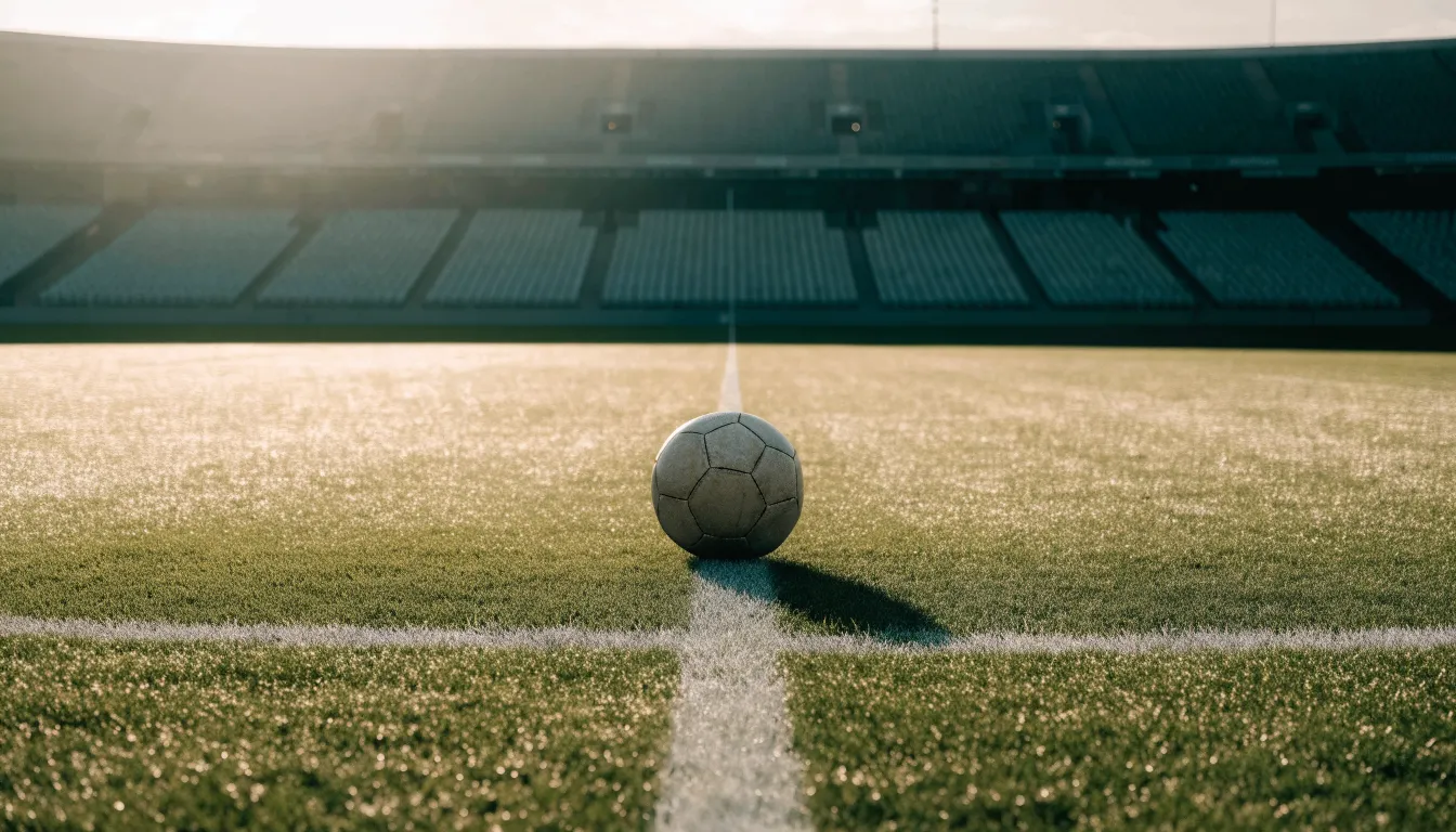 Ein Fussball liegt auf dem Anstosspunkt eines leeren Rasenplatzes im frühen Morgenlicht, dahinter erhebt sich eine menschenleere Tribüne.
