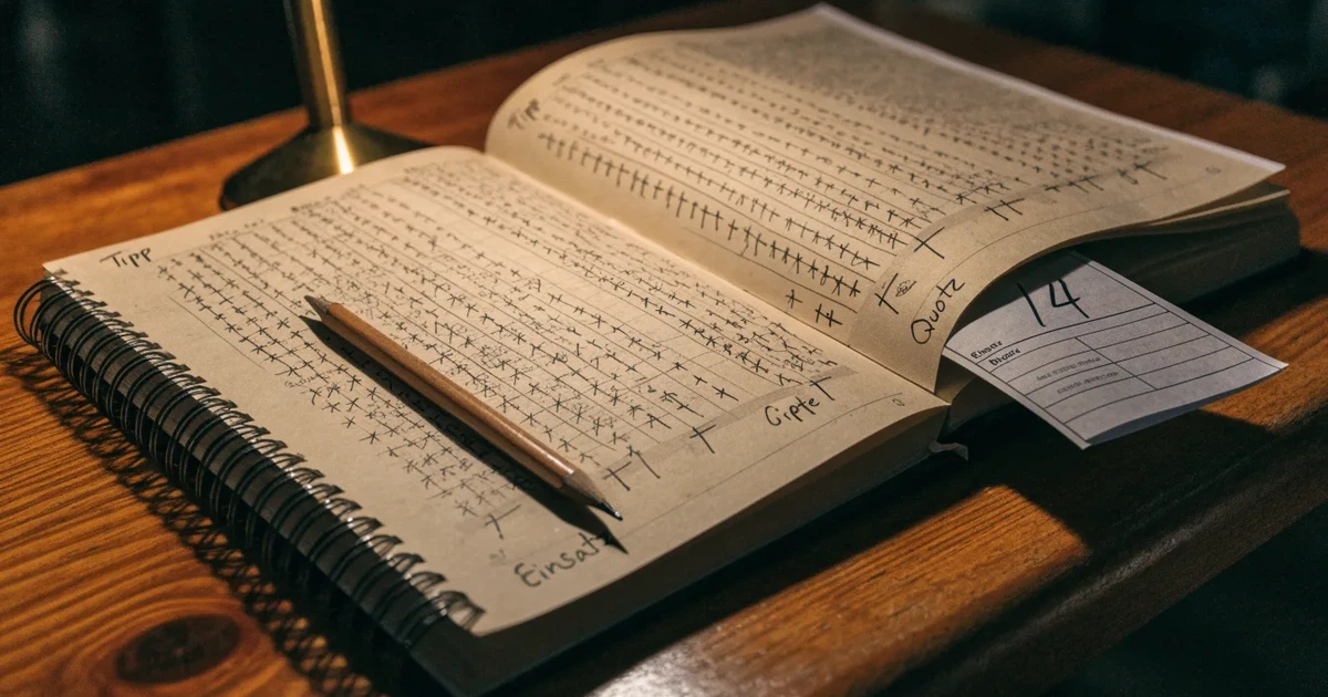Ein aufgeschlagenes Notizbuch mit handschriftlichen Strichlisten und Spalten liegt neben einem Bleistift auf einem Holztisch im warmen Licht einer Schreibtischlampe.