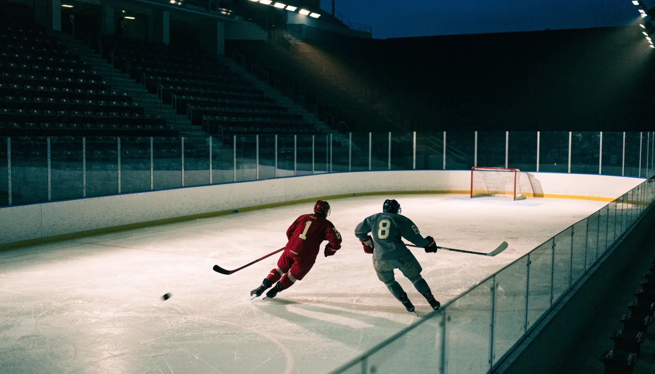 Ein grosses Eisstadion aus der Ferne gesehen, hell erleuchtet von Flutlicht in der Abenddämmerung, davor eine leere Strasse.