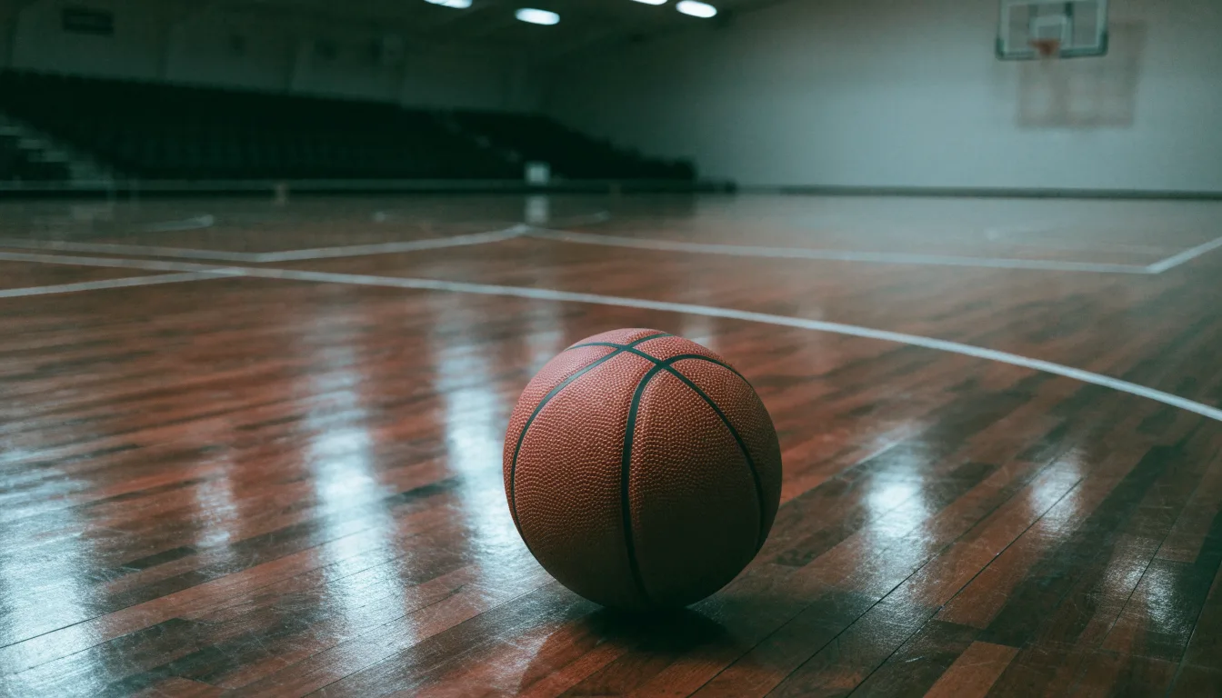 Ein Basketball liegt auf dem Parkett einer leeren Halle, von den Deckenlampen fällt gleichmässiges Licht auf den Boden.