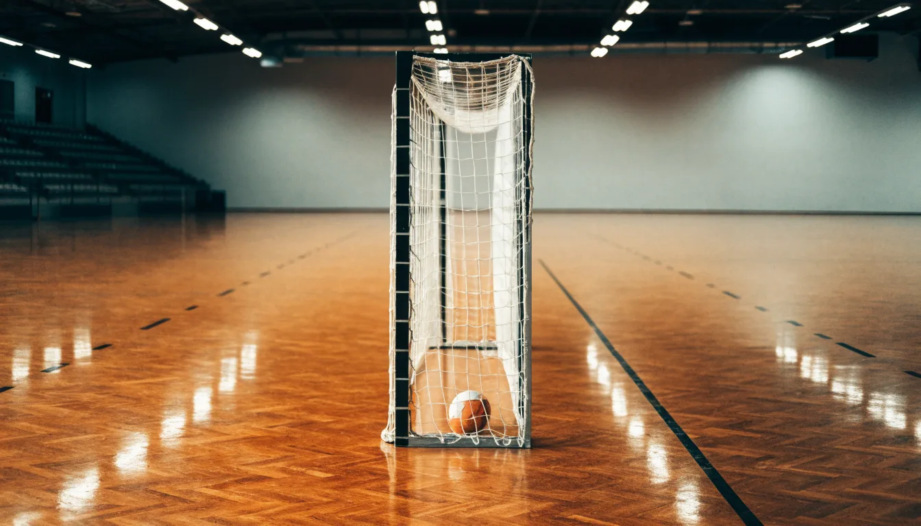 Ein Handballtor in einer leeren Sporthalle, der Ball liegt im Torraum und das Hallenlicht spiegelt sich im Parkett.