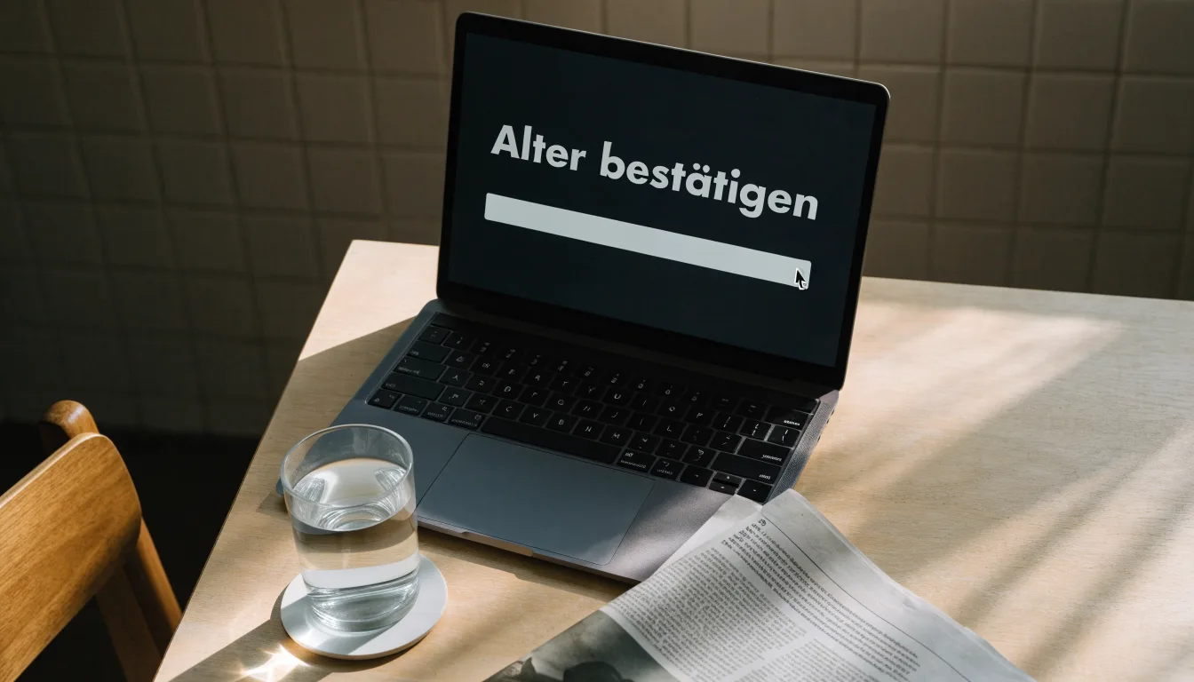 Ein geschlossener Laptop steht neben einem Glas Wasser auf einem Küchentisch im Licht des frühen Morgens.