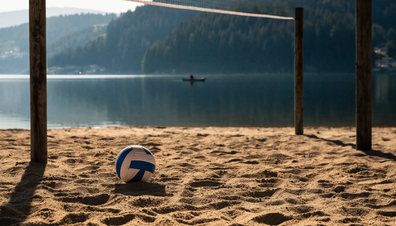 Ein Volleyball liegt im Sand eines Spielfelds am Seeufer, im Hintergrund gleitet ein Boot über das Wasser.