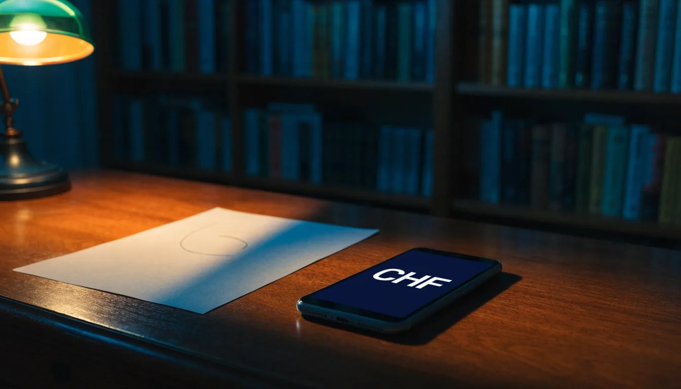 Eine Tischlampe mit grünem Schirm leuchtet auf einem Schreibtisch in einer stillen Bibliothek mit hohen Regalen.