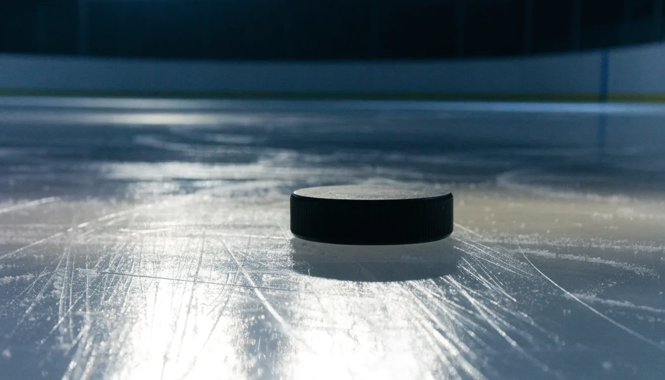 Ein Eishockeypuck liegt in Grossaufnahme auf der Eisfläche, feine Kratzer im Eis glänzen im hellen Hallenlicht.