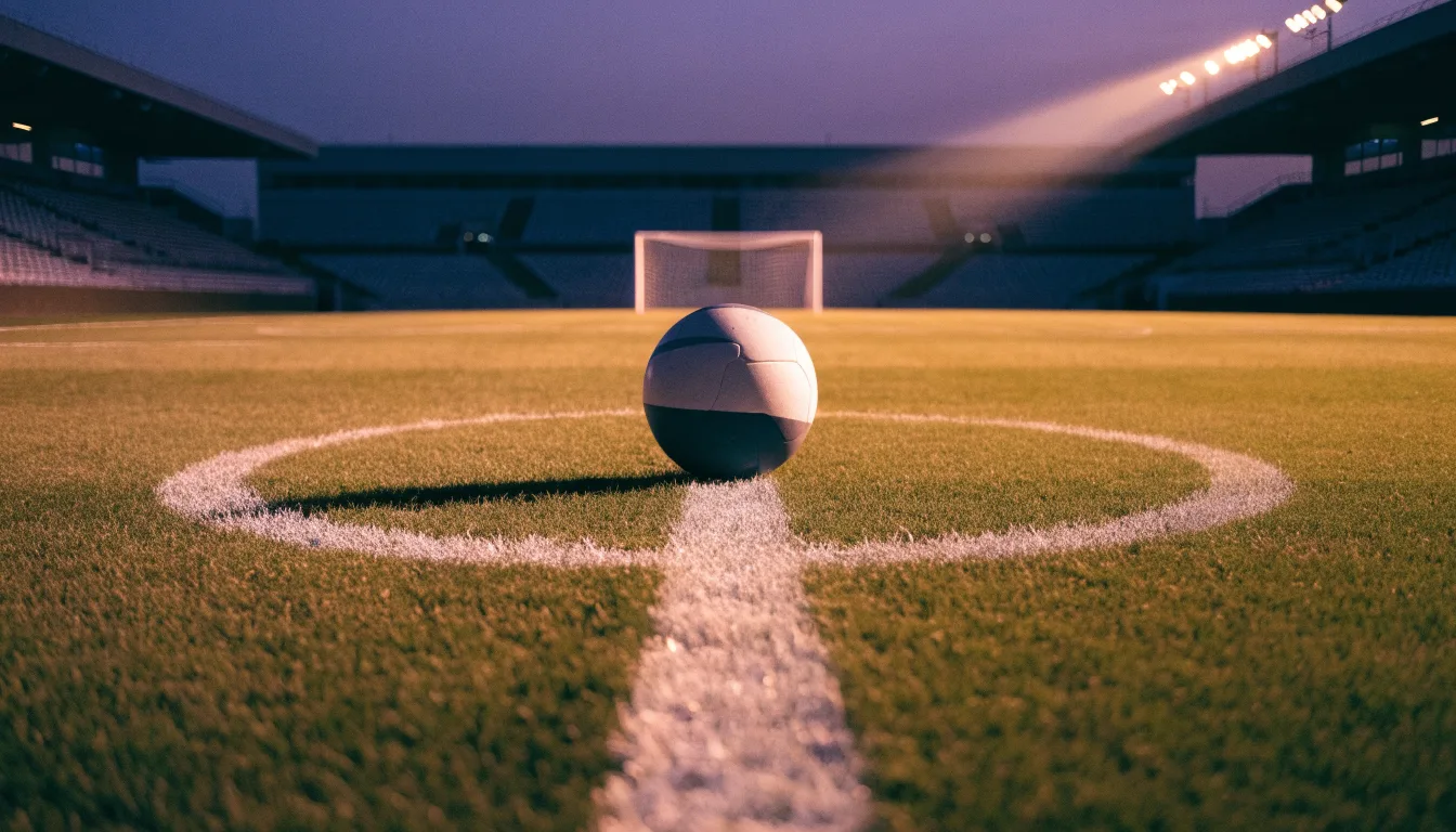 Ein Fussball liegt auf dem Mittelkreis eines leeren Rasenplatzes, dahinter ragen leere Tribünenreihen in den Abendhimmel.