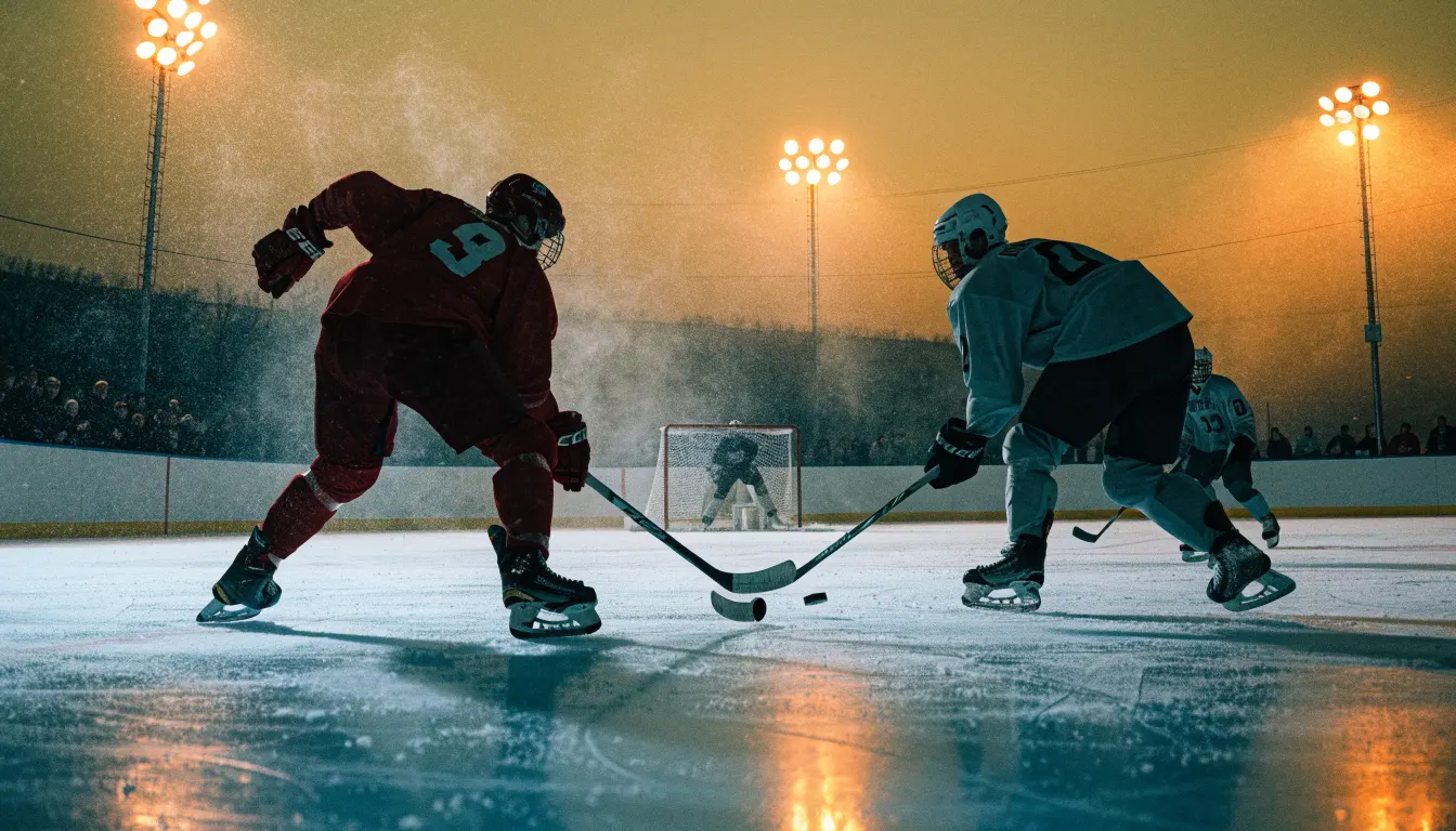 Eine Eishockeybahn liegt unter Flutlicht aus der Ferne betrachtet, leichter Schneefall treibt durch den Lichtkegel über dem Eis.