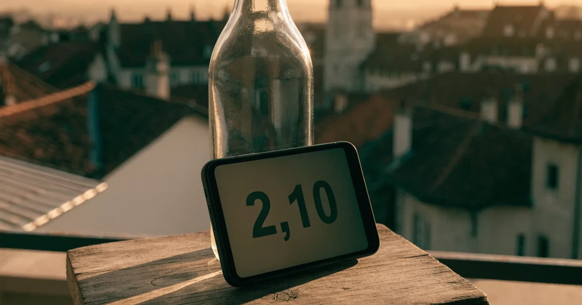Ein Smartphone mit dunklem Display lehnt an einer Glasflasche auf einem Balkontisch, dahinter liegt eine Altstadt in der Abendsonne.