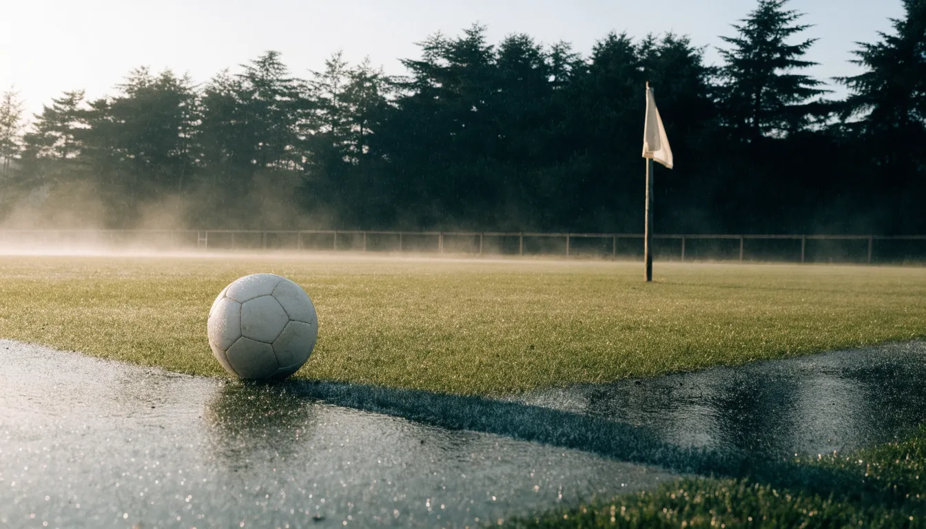 Eine Eckfahne steht am Morgen auf nassem Rasen, Tautropfen hängen im Gras und über dem Platz liegt leichter Dunst.