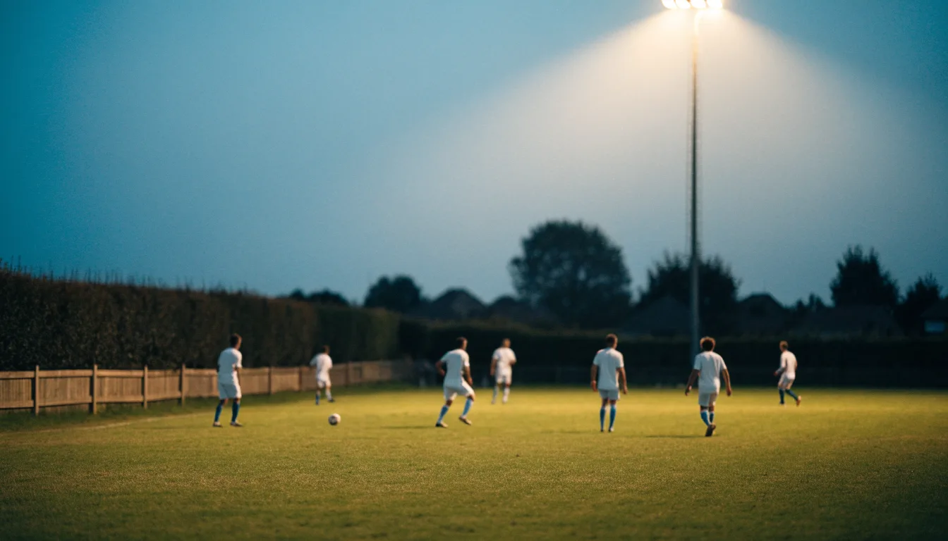 Ein kleiner Dorf-Fussballplatz liegt in der Dämmerung unter einem hohen Flutlichtmast, am Spielfeldrand steht ein Holzzaun.