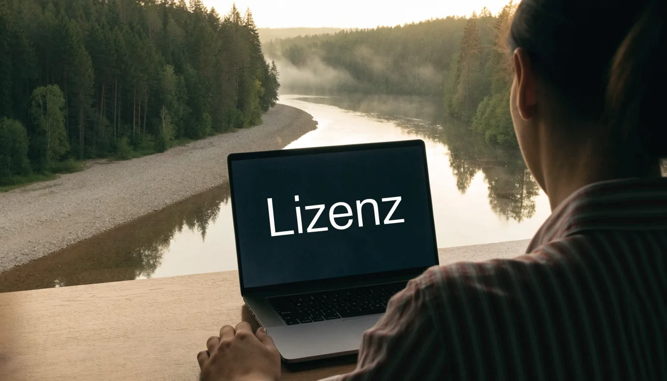 Ein Fluss mit breiter Kiesbank fliesst durch einen Wald, über dem Wasser hängt früher Nebel und Sonnenstrahlen brechen durch.