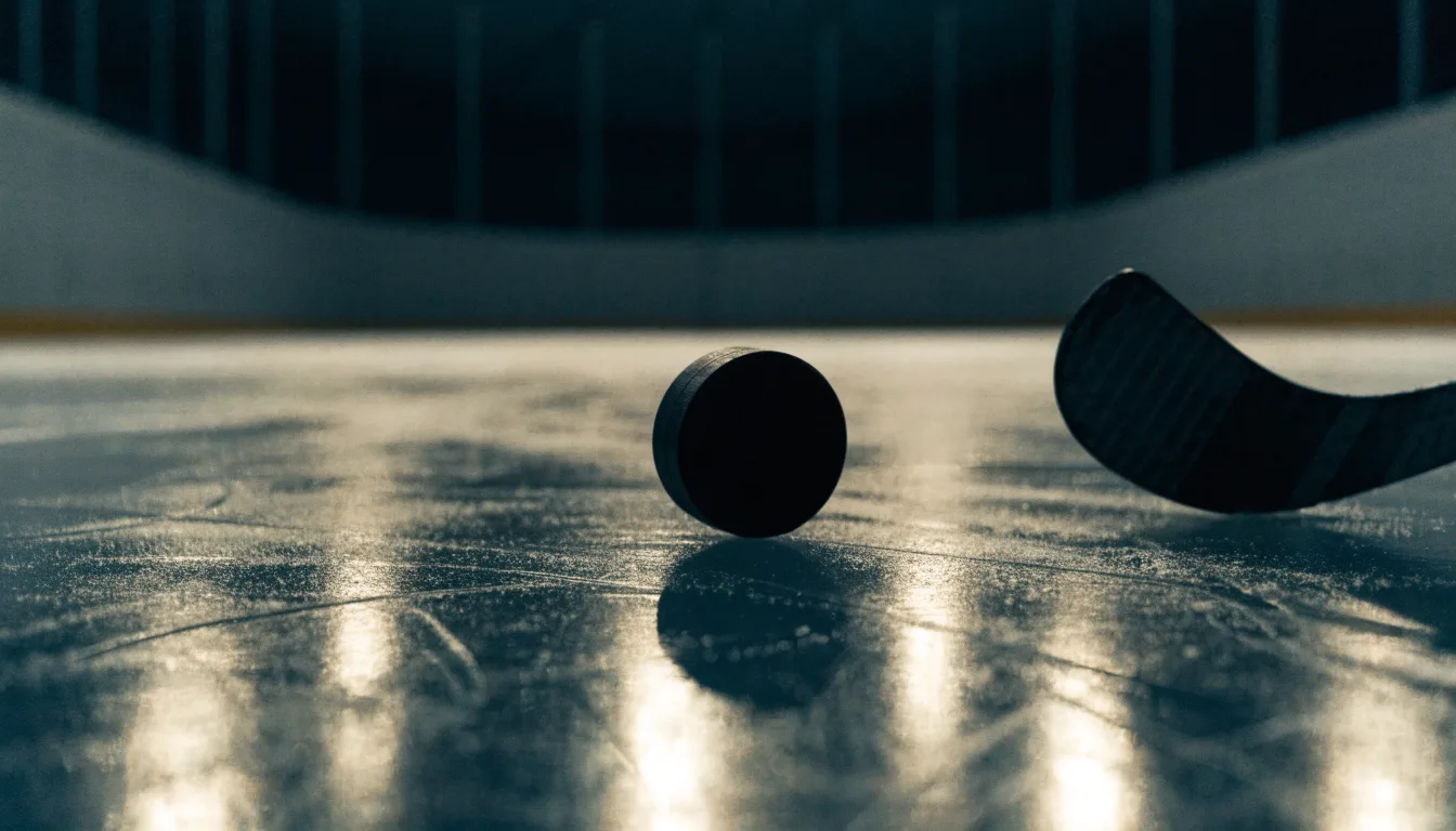 Ein Eishockeypuck liegt auf der Eisfläche neben dem Blatt eines Schlägers, die Bande dahinter ist im Dunkeln nur schwach zu erkennen.