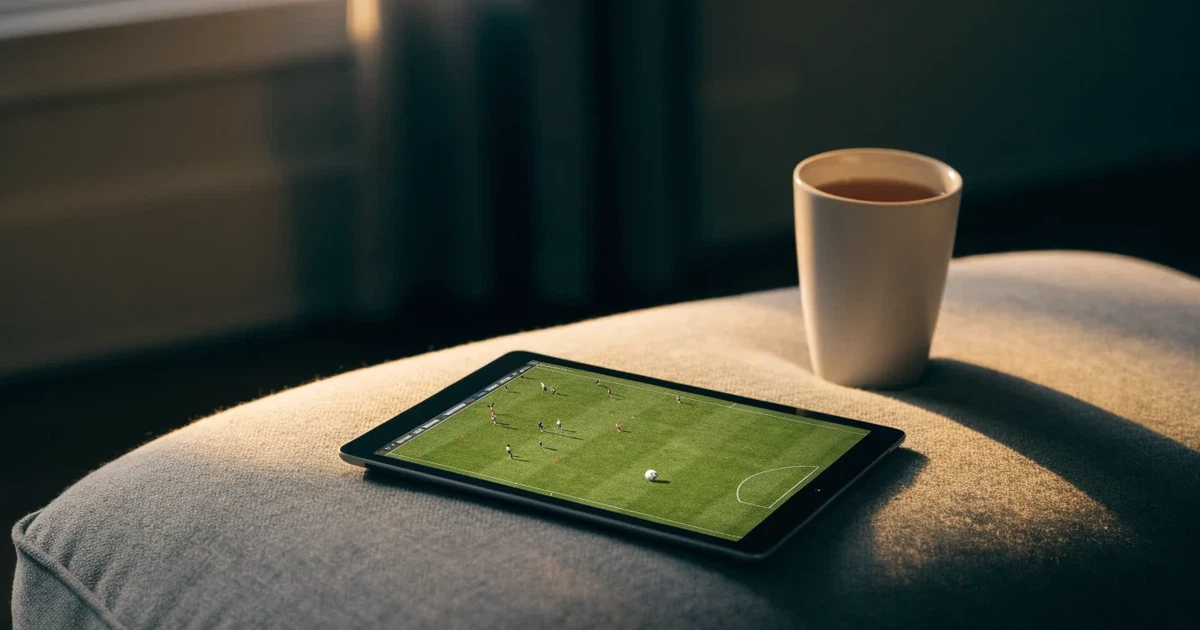 Ein Tablet mit schwarzem Display liegt auf einem Sofakissen, daneben ein Becher mit Tee, vom Fenster her fällt Abendlicht.