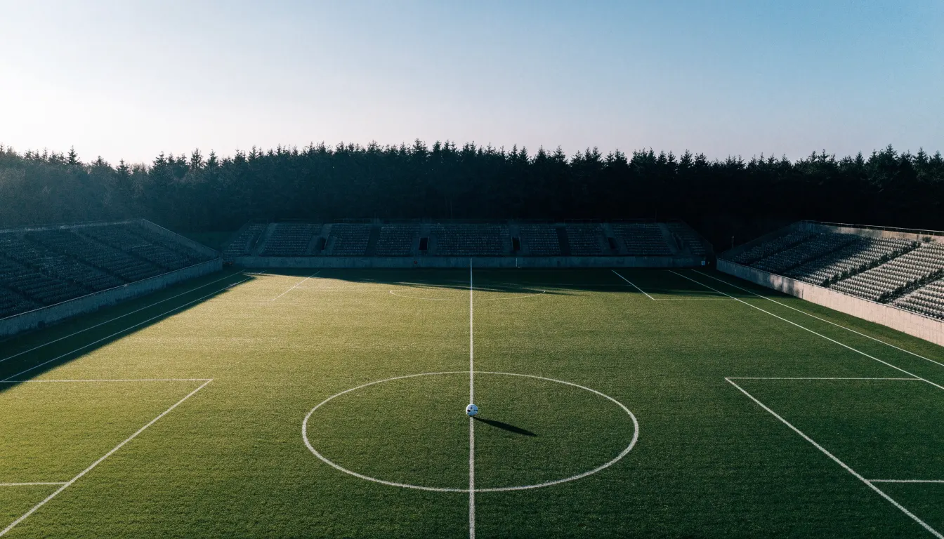 Ein Rasenplatz mit Spielfeldlinien ist von oben gesehen, ein einzelner Ball liegt in der Mitte, rundherum stehen leere Tribünen und Tannenwald.