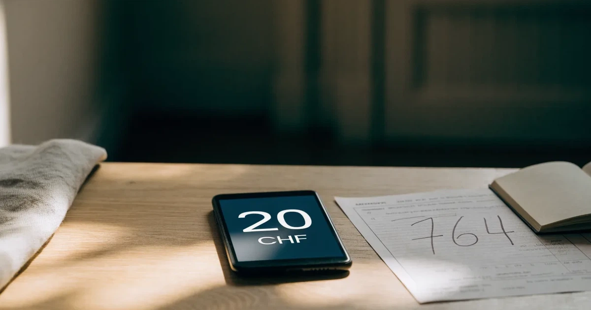 Ein Smartphone mit dunklem Display liegt auf dem Holztisch eines Marktstands zwischen Äpfeln und Birnen, morgendliches Licht fällt durch eine Plane.