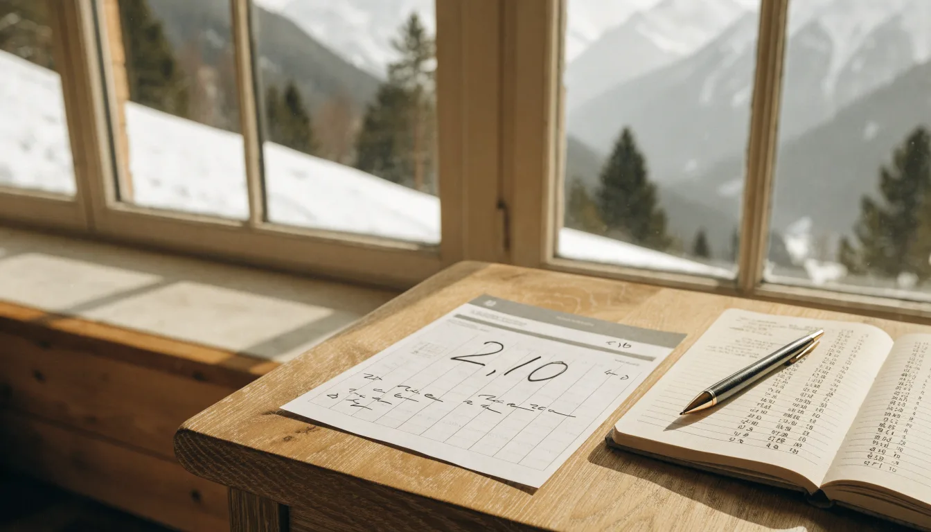 Eine frisch präparierte Skipiste liegt im Morgenlicht leer da, am Rand stehen verschneite Tannen und im Hintergrund Gipfel.