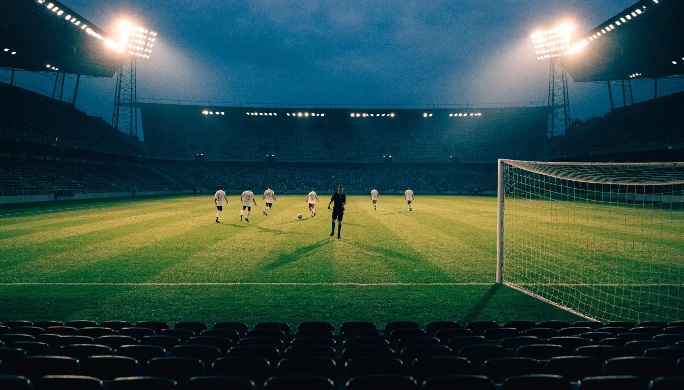 Leere Tribünenränge eines Fussballstadions in der Abenddämmerung, über dem Rasen leuchten die Flutlichter.