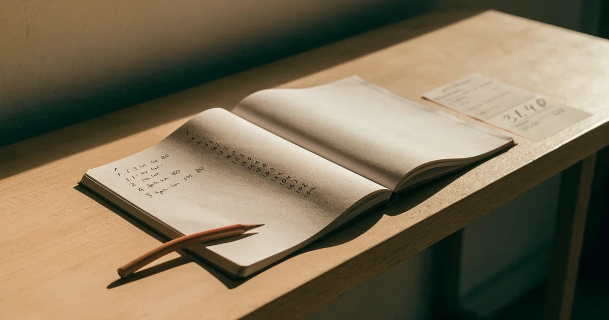 Ein aufgeschlagenes Notizbuch mit handschriftlichen Notizen und ein gespitzter Bleistift liegen auf einem hellen Holztisch im Morgenlicht.
