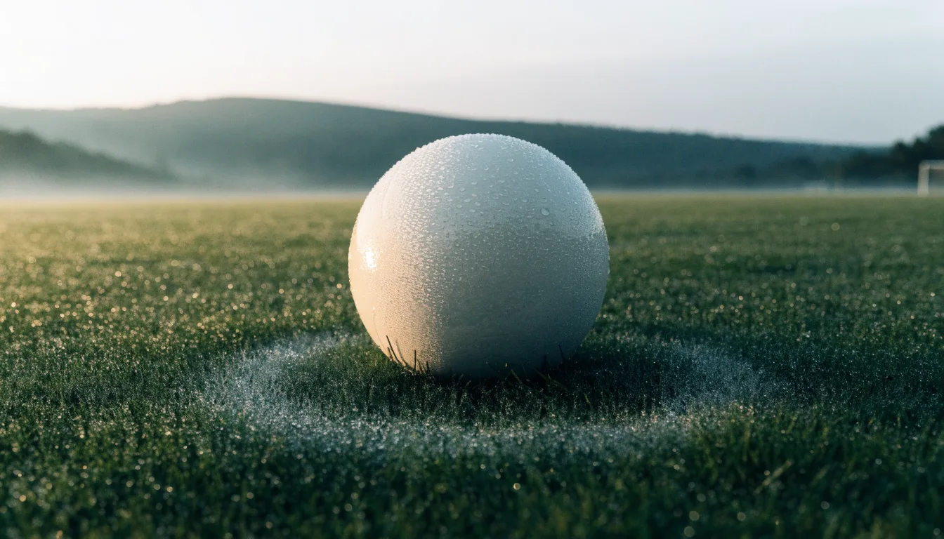 Ein Fussball liegt am frühen Morgen auf dem Anstosspunkt eines taunassen Rasens, im Hintergrund erheben sich Hügel im Dunst.