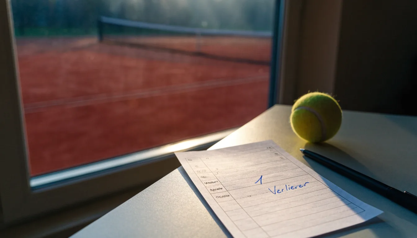 Ein Tennisplatz im Morgengrauen mit gespanntem Netz und feinem Dunst über der roten Asche.