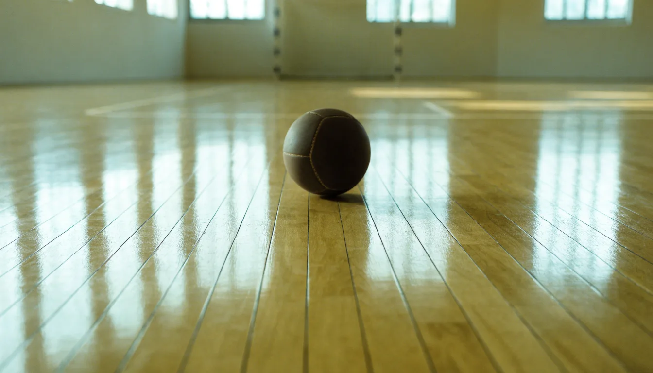Der Boden einer Sporthalle aus poliertem Parkett mit einem einzelnen Handball in der Mitte, Licht fällt durch hohe Fenster.