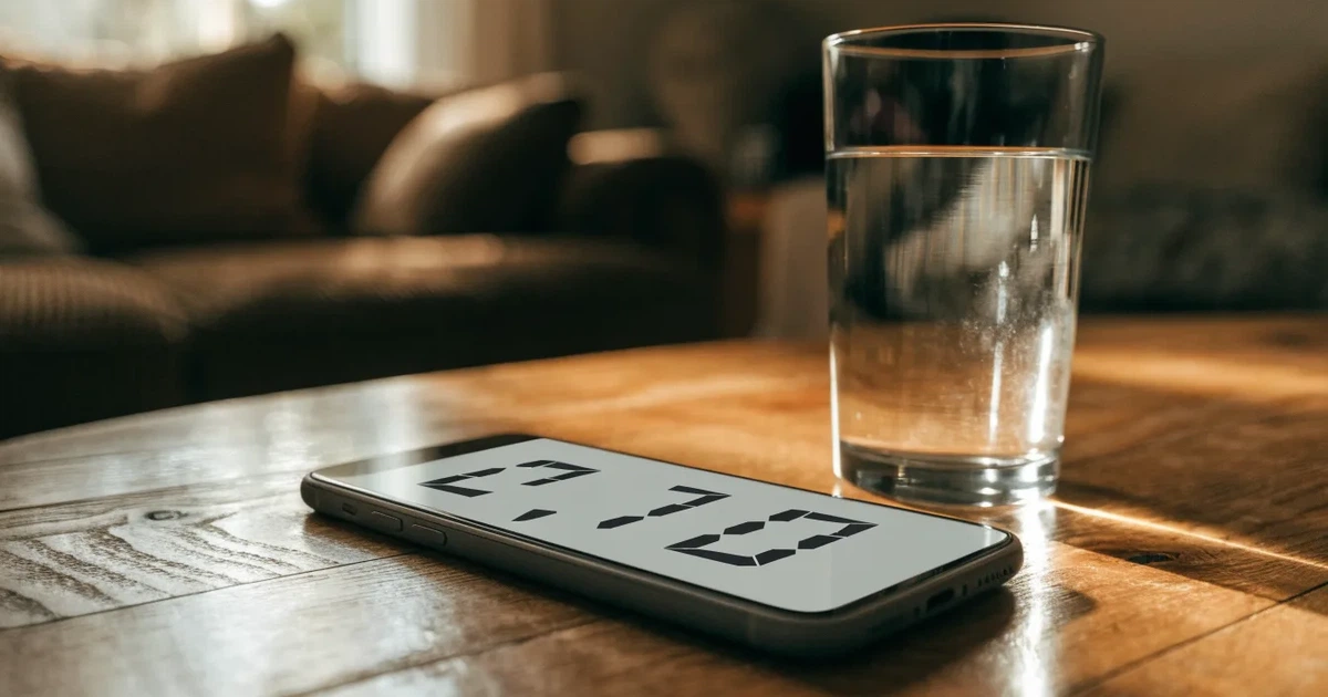 Ein Smartphone liegt mit dem Display nach unten auf einem Holztisch neben einem Wasserglas.
