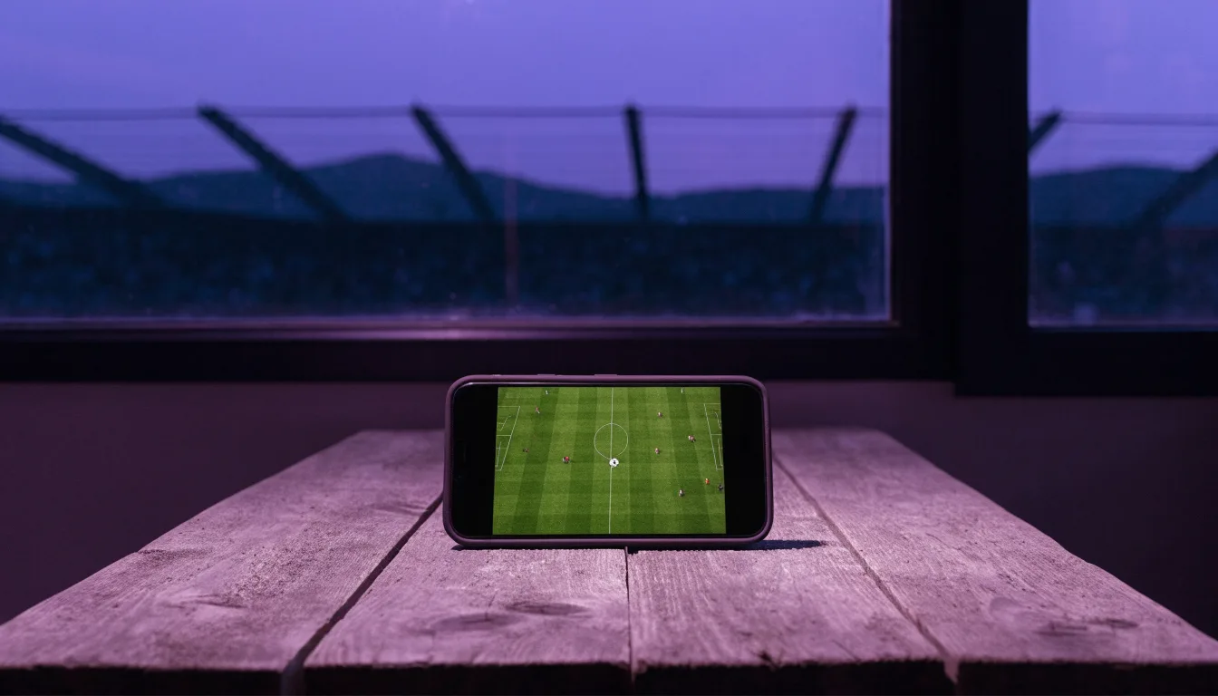 Die Silhouette eines Stadiondachs vor dem violetten Abendhimmel, dahinter eine Hügelkette.