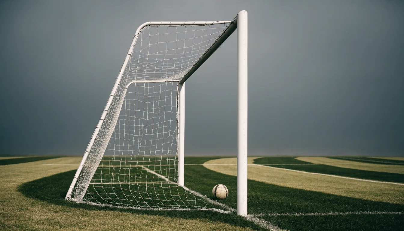 Ein Fussballtor mit locker hängendem Netz auf einem Trainingsplatz, das sich leicht im Wind bewegt.