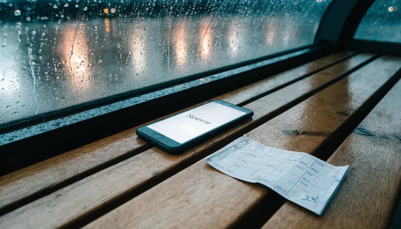 Eine Tramhaltestelle in einer Schweizer Stadt bei Regen, nasses Pflaster spiegelt das Licht.