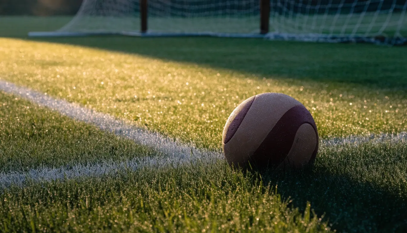 Ein Fussball ruht an der Seitenlinie im taufeuchten Gras, die ersten Sonnenstrahlen fallen schräg über den Platz.