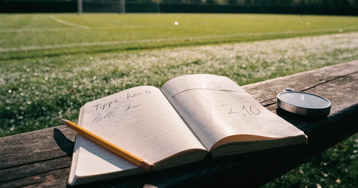 Ein abgegriffenes Notizheft, ein Bleistift und eine Stoppuhr liegen auf einer Bank am Rand eines Trainingsplatzes.