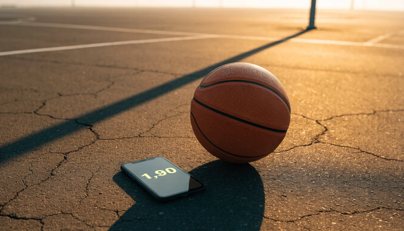 Ein Basketball liegt bei Sonnenuntergang auf einem leeren Aussenplatz, lange Schatten fallen über den Boden.