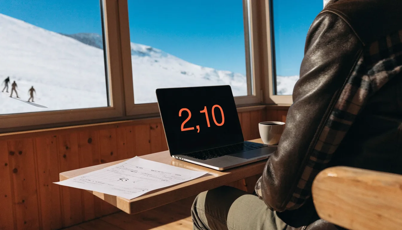 Skispuren im frischen Schnee an einem sonnigen Hang vor blauem Himmel.