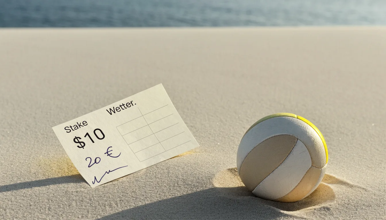 Ein Volleyball liegt auf feinem Sand an einem leeren Strand bei Sonnenaufgang.