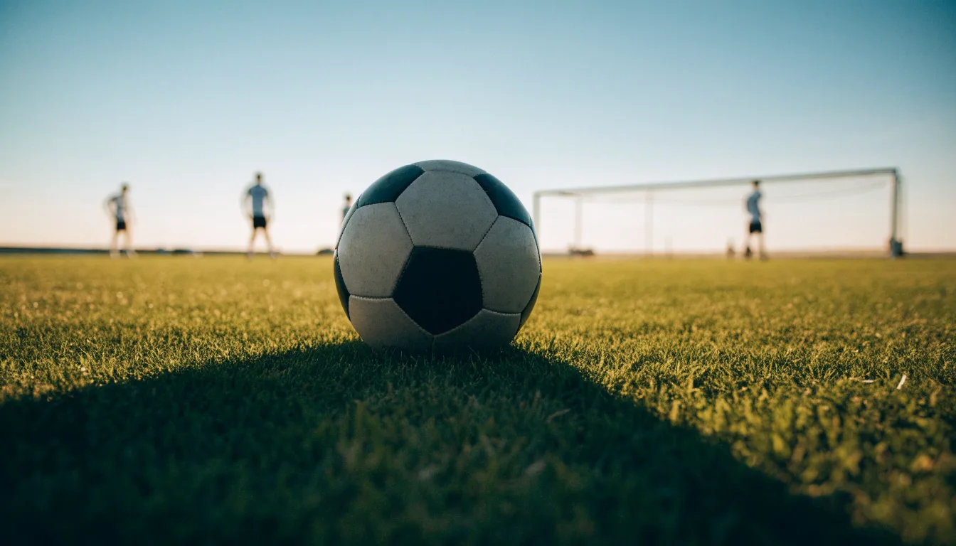 Ein Fussball auf dem Rasen aus niedriger Perspektive aufgenommen, die Torpfosten verschwimmen im Hintergrund.