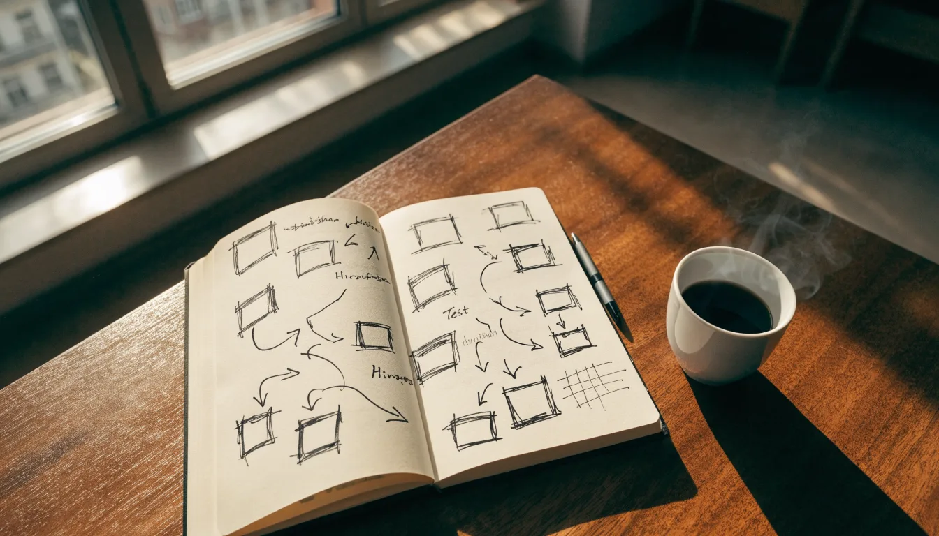 Ein aufgeschlagenes Notizbuch mit handschriftlichen Pfeilen und Kästchen liegt neben einer Kaffeetasse auf einem Schreibtisch am Fenster.
