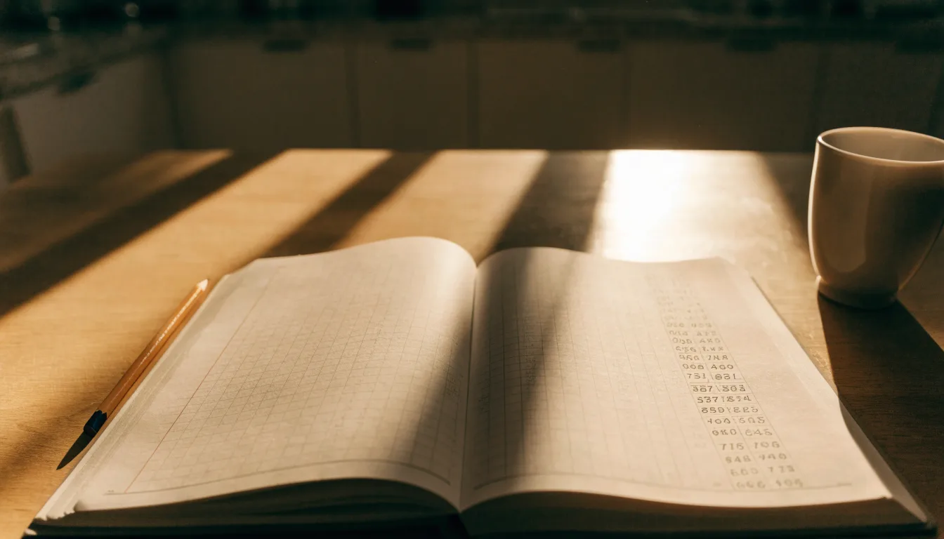 Ein leeres kariertes Heft und ein Bleistift liegen auf einem Küchentisch im warmen Licht des späten Nachmittags.
