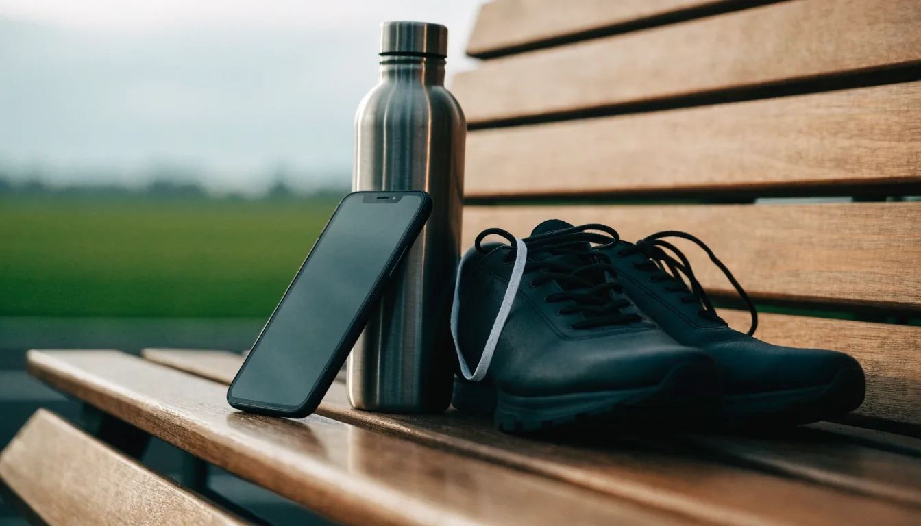 Ein Smartphone mit dunklem Bildschirm lehnt an einer Wasserflasche, daneben stehen Laufschuhe auf einer Bank am Sportplatz.