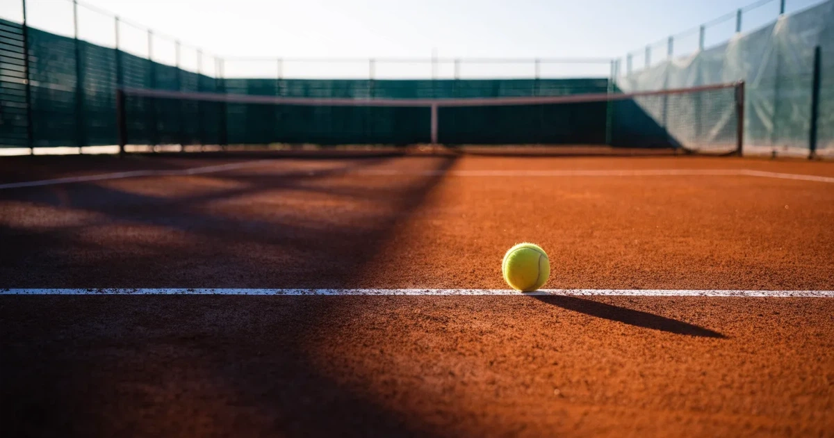 Ein Tennisplatz im ersten Morgenlicht, das Netz hängt leicht durch und auf der Grundlinie liegt ein einzelner Ball.