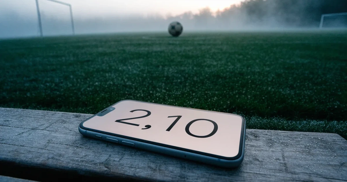 Ein Fussballplatz im Morgennebel, im Mittelkreis liegt ein einzelner Ball und der Rasen glänzt vom Tau.