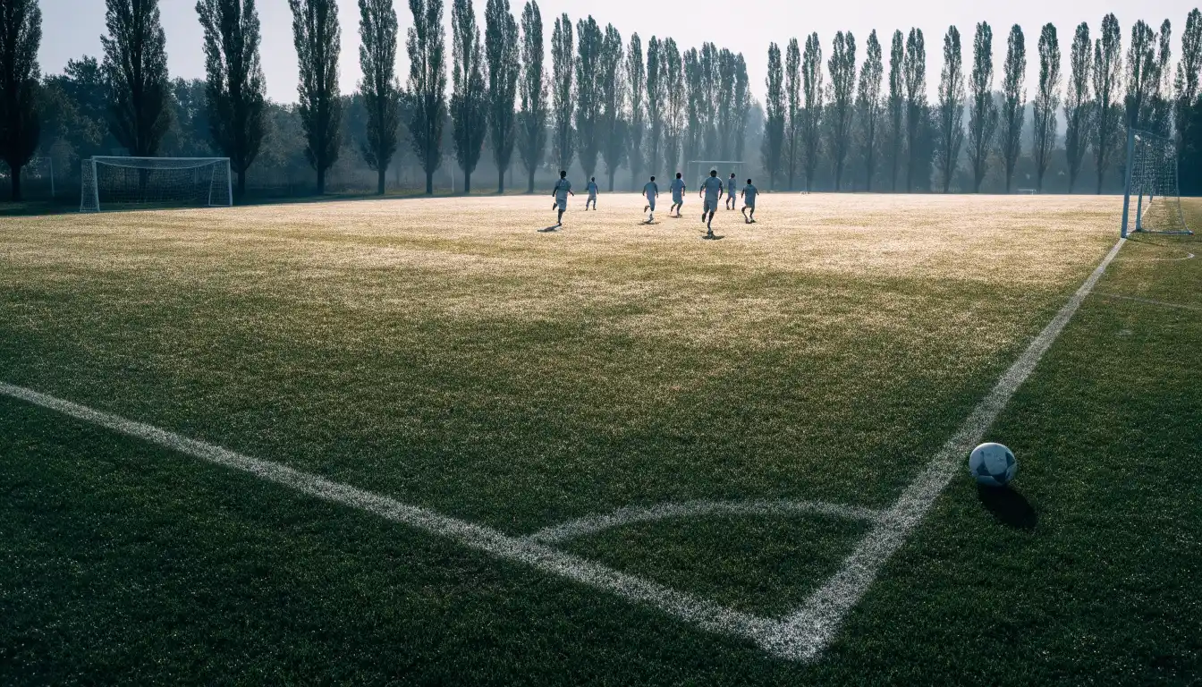 Ein leerer Fussballplatz mit weissen Linien von oben gesehen im Morgenlicht, am Rand stehen zwei Tore und eine Reihe Pappeln.