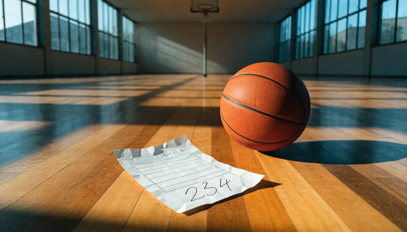 Ein Basketball liegt unter dem Korb in einer leeren Sporthalle, durch hohe Fenster fällt Tageslicht auf das Parkett.
